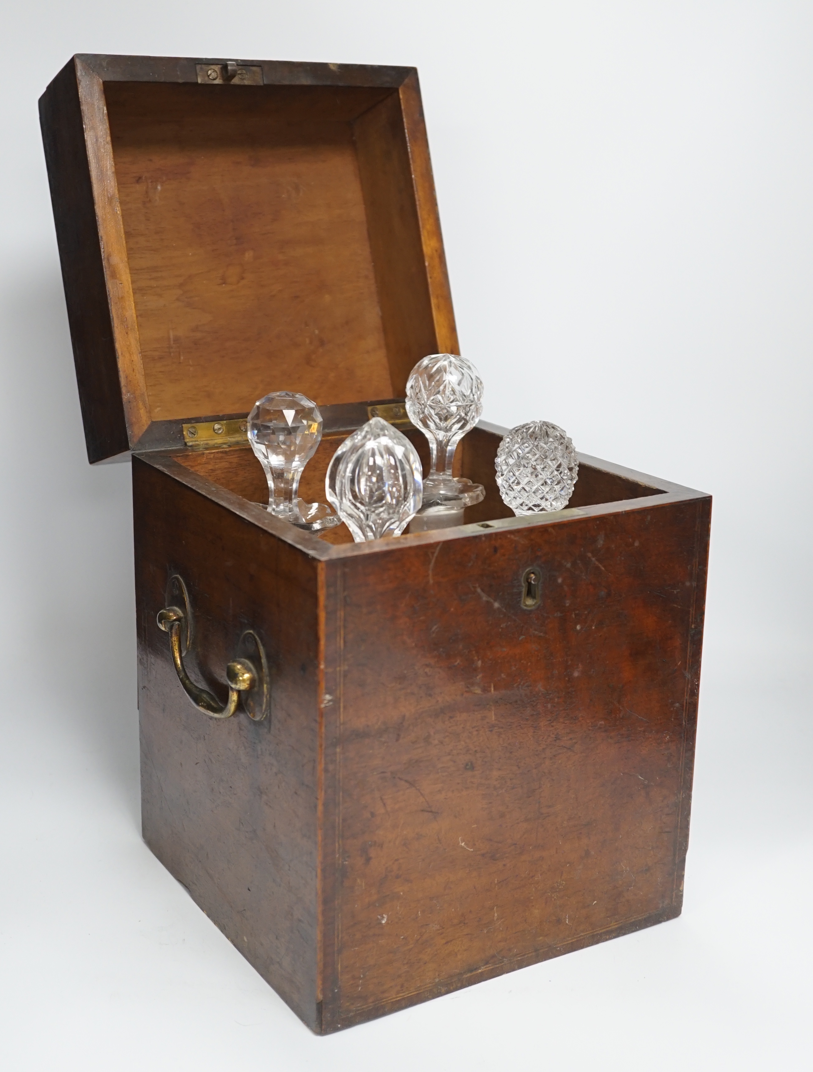 A George III decanter box and four matching glass decanters, box height 30cm